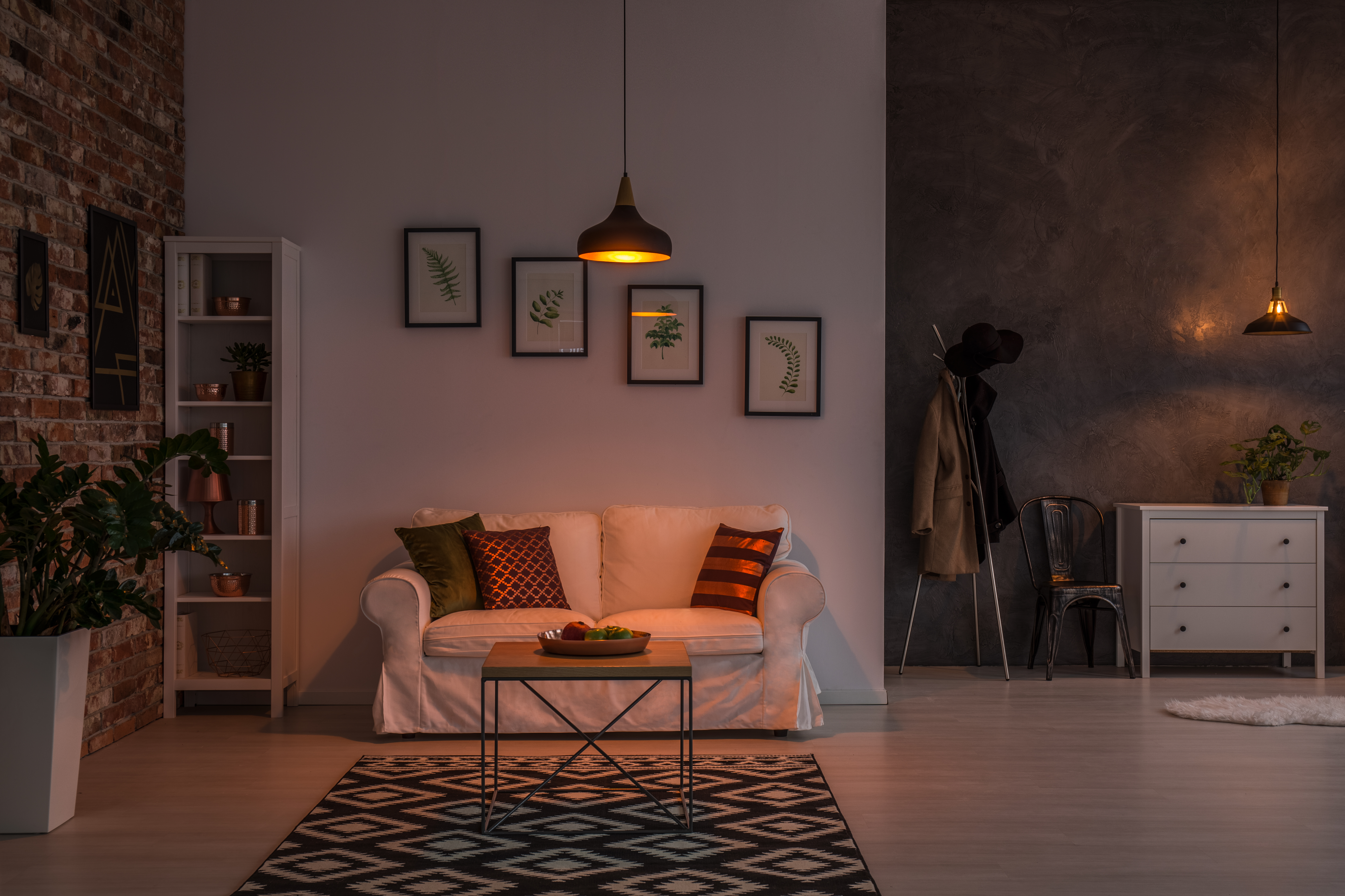 Salón abierto con sofá, alfombra, lámpara y estantería. | Fuente: Shutterstock