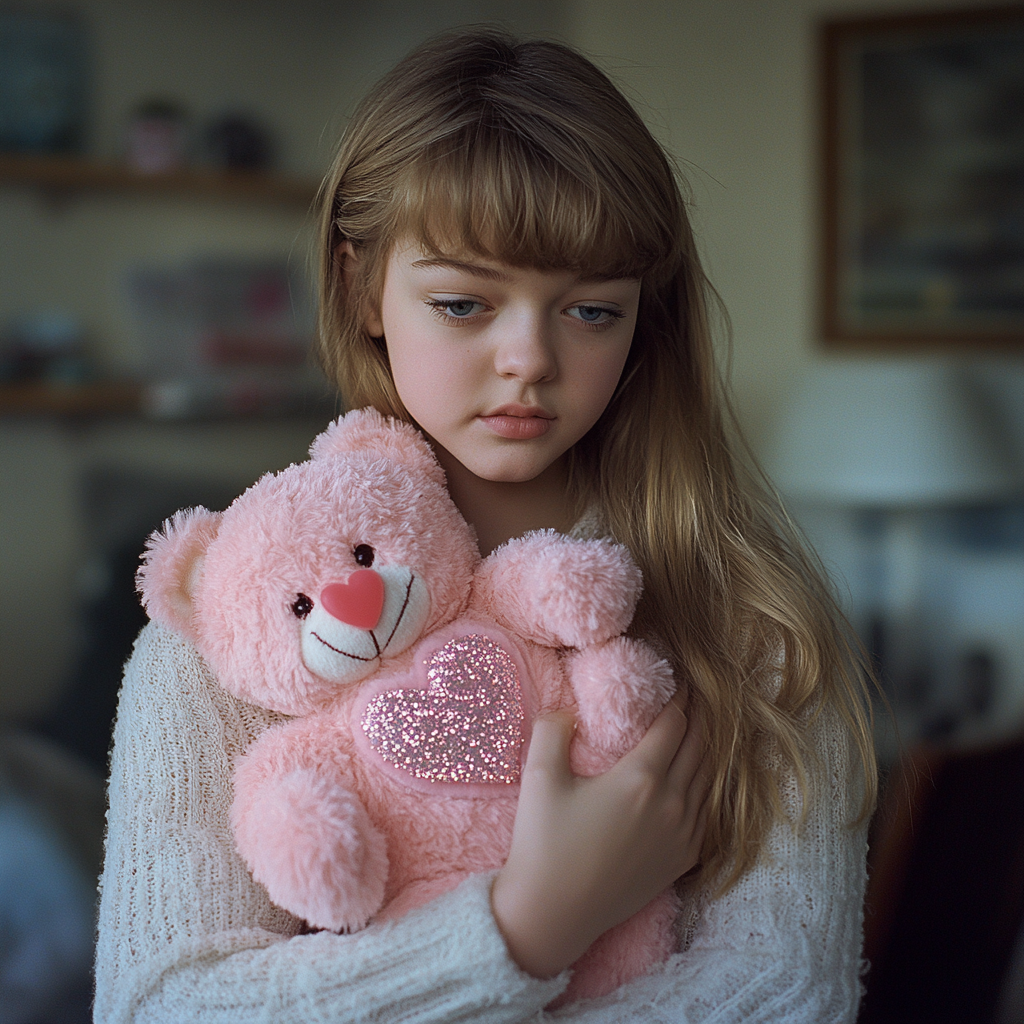 Una niña infeliz agarrada a un oso de peluche | Fuente: Midjourney