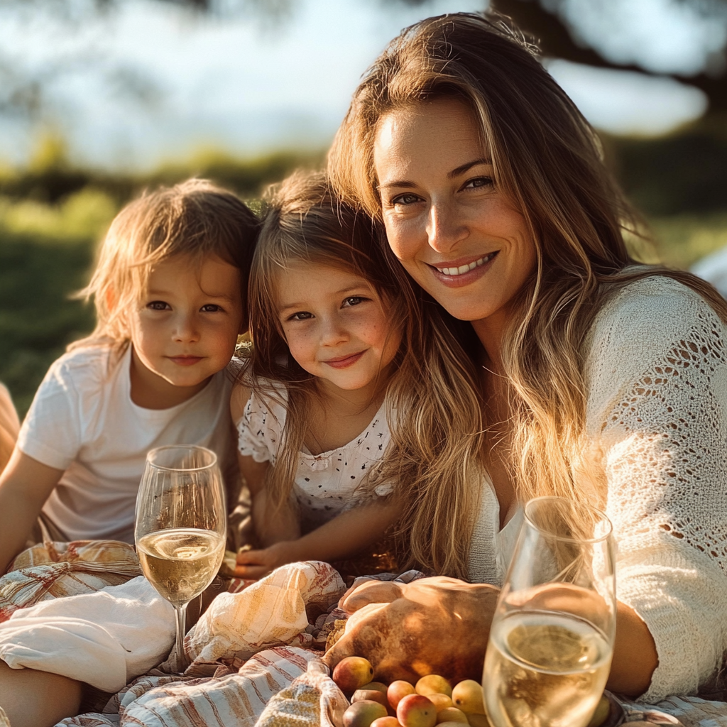 Una madre y sus hijos disfrutando de un picnic | Fuente: Midjourney