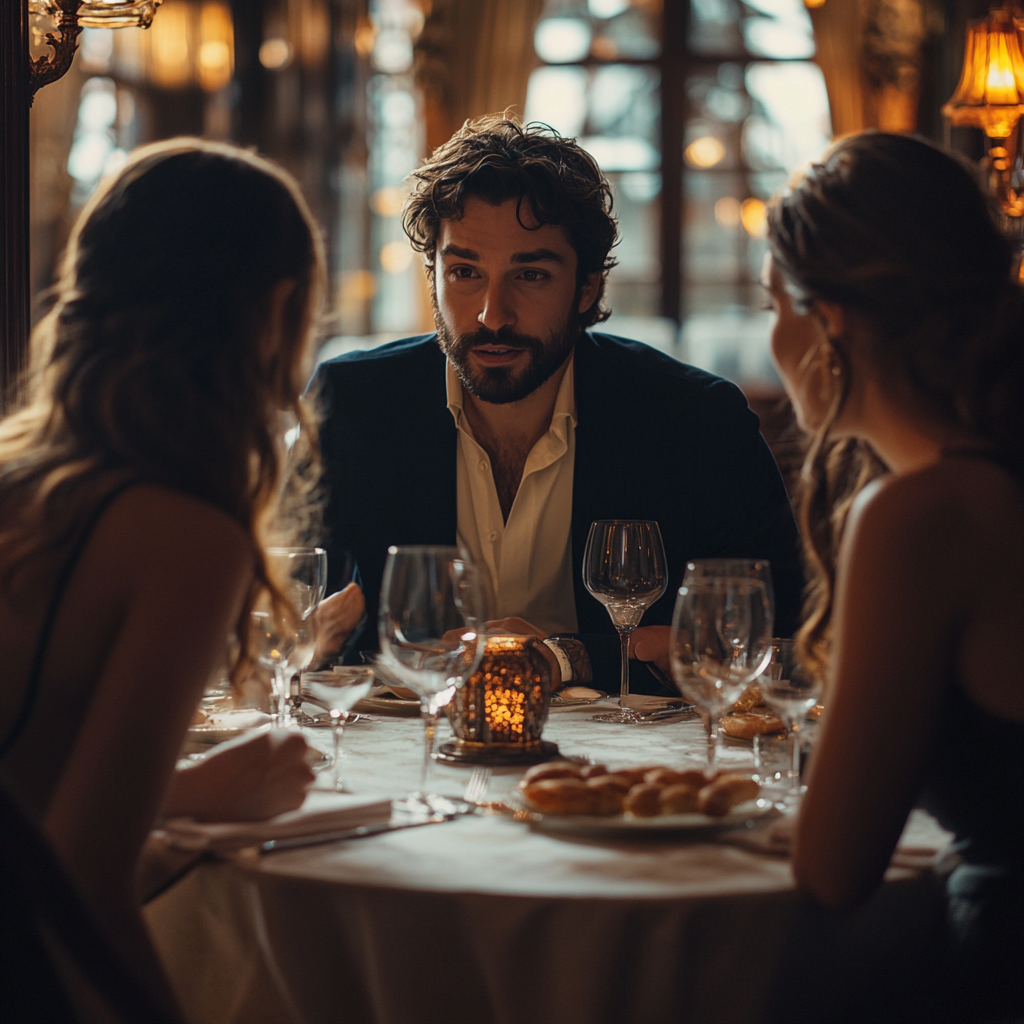 Hombre tenso hablando con dos mujeres en una mesa | Fuente: Midjourney