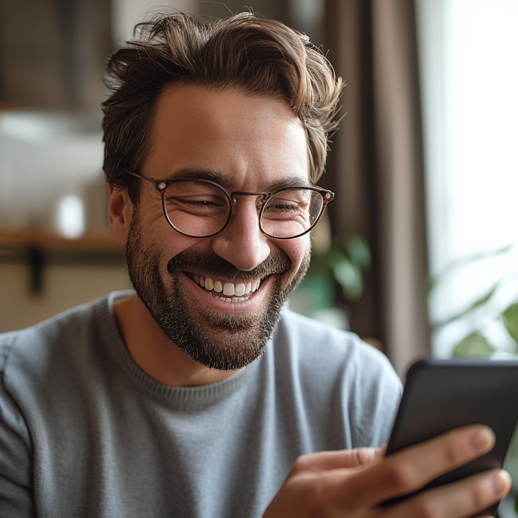 Un hombre se ríe mirando la pantalla de su teléfono | Fuente: Midjourney