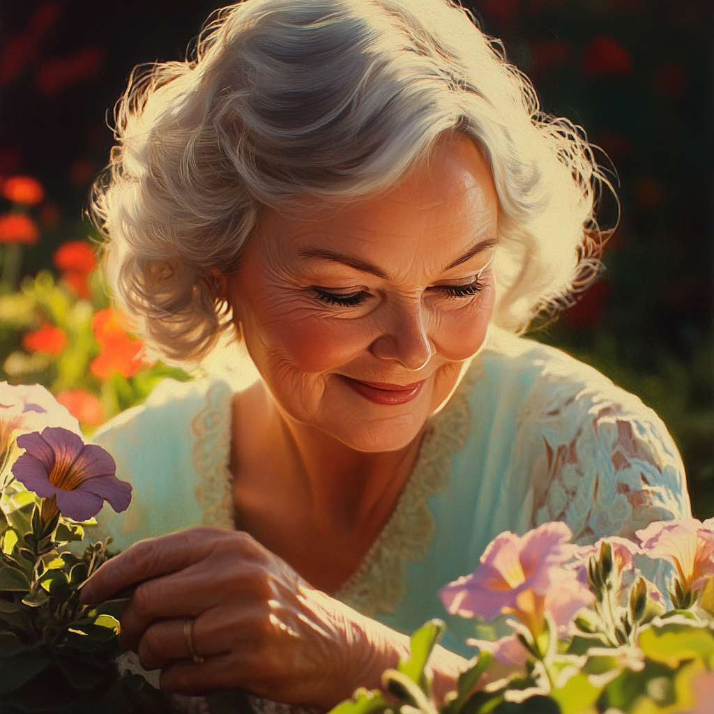 Una sonriente mujer mayor cuidando las petunias de su jardín | Fuente: Midjourney