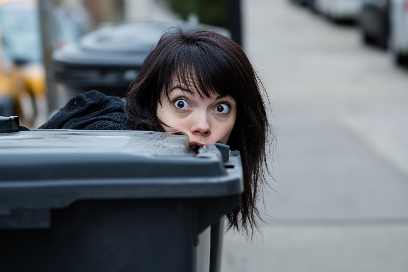 Una mujer asomándose detrás de un cubo de basura | Fuente: Midjourney