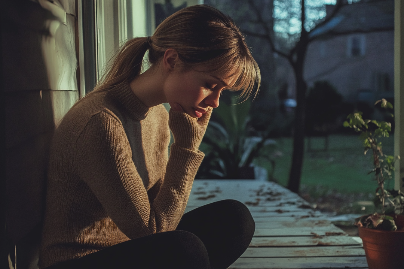 Una mujer llorando en su porche | Fuente: Midjourney