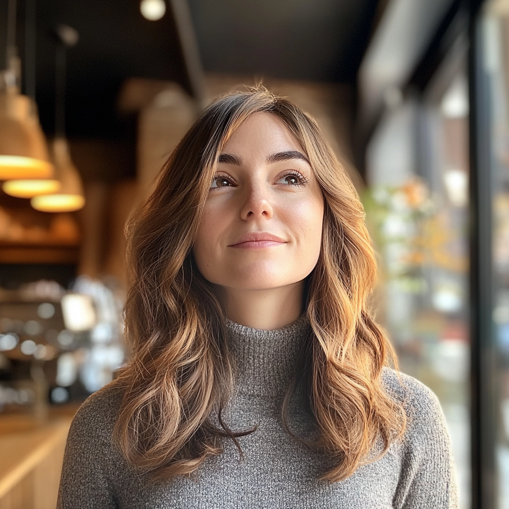 Una mujer sonriente en un café | Fuente: Midjourney