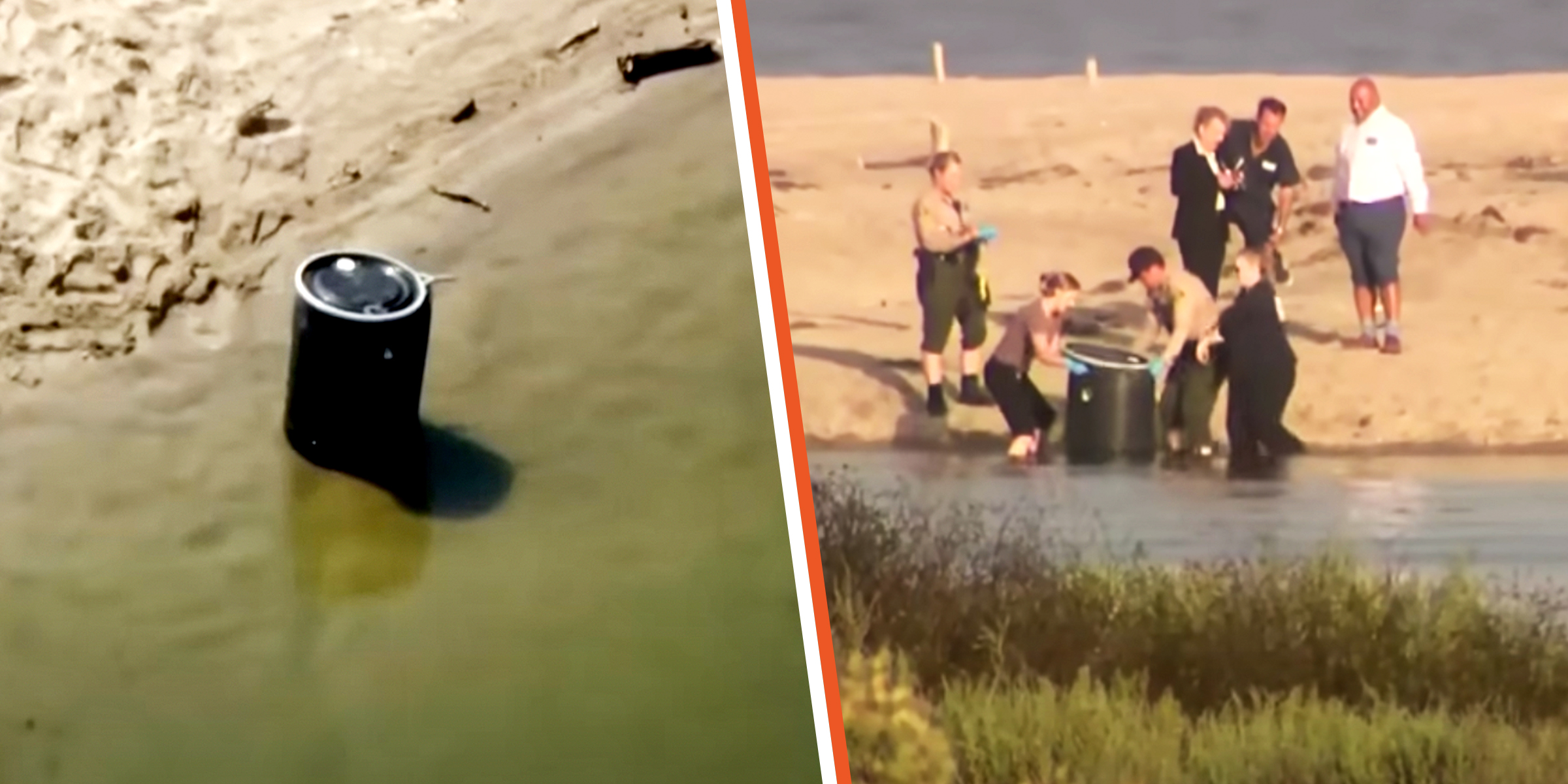 Un barril de plástico con el cuerpo de Javonnta Murphy descubierto en la playa estatal de Malibu Lagoon, 2023. | Foto: YouTube.com/InsideEdition