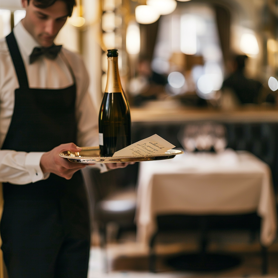 Un camarero lleva una botella de champán y una pequeña nota en una bandeja en un restaurante | Fuente: Midjourney