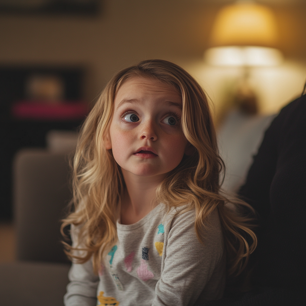 Una niña parece preocupada y angustiada mientras está sentada en el salón de su casa | Fuente: Midjourney