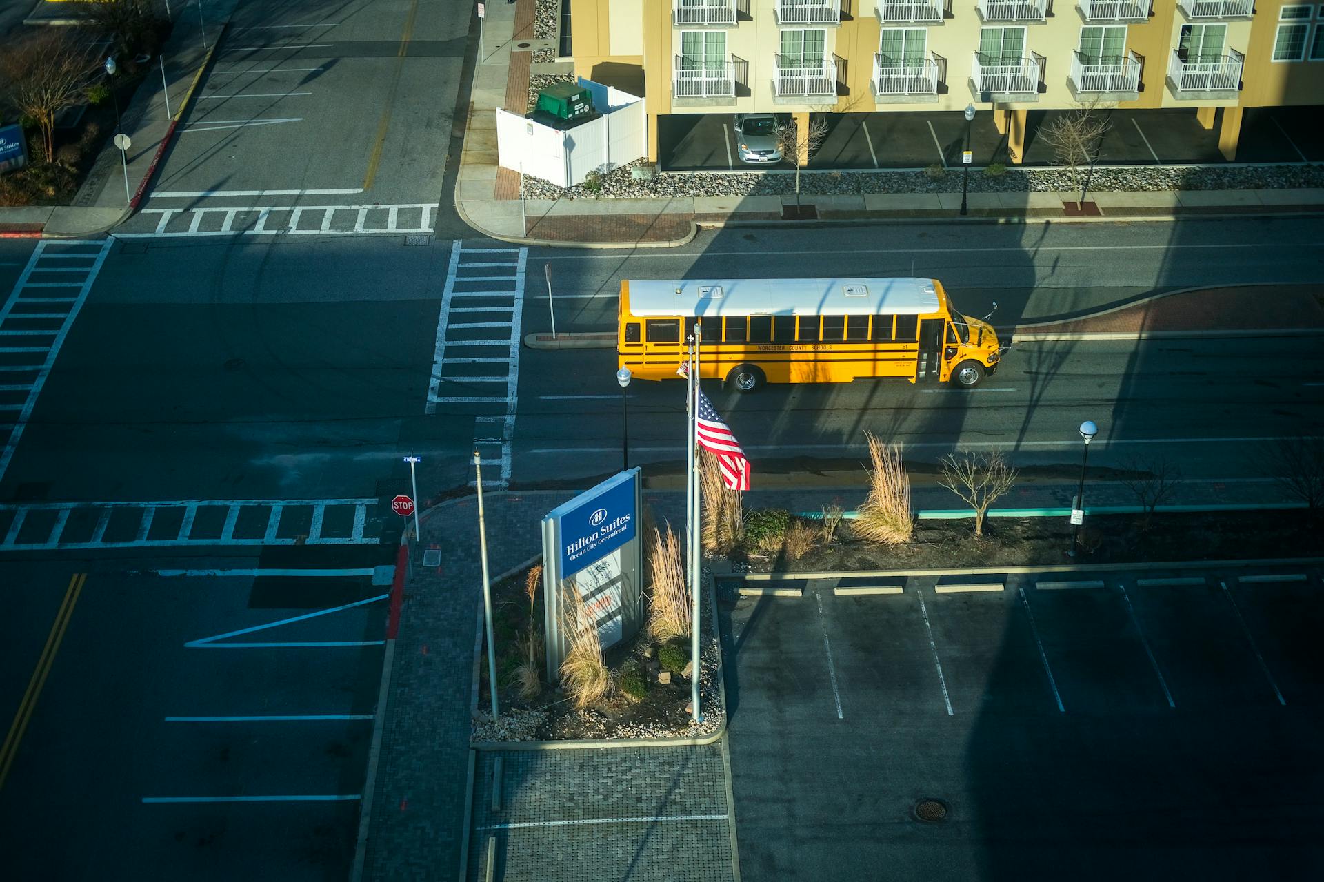 Una toma aérea de un autobús escolar en una carretera | Fuente: Pexels