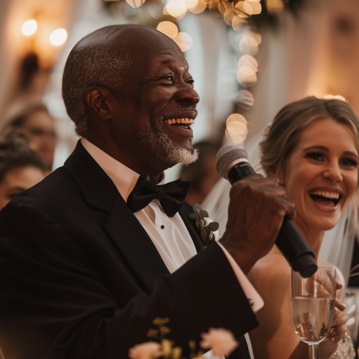 Un hombre dando un discurso en la boda de su hijastra | Fuente: Midjourney