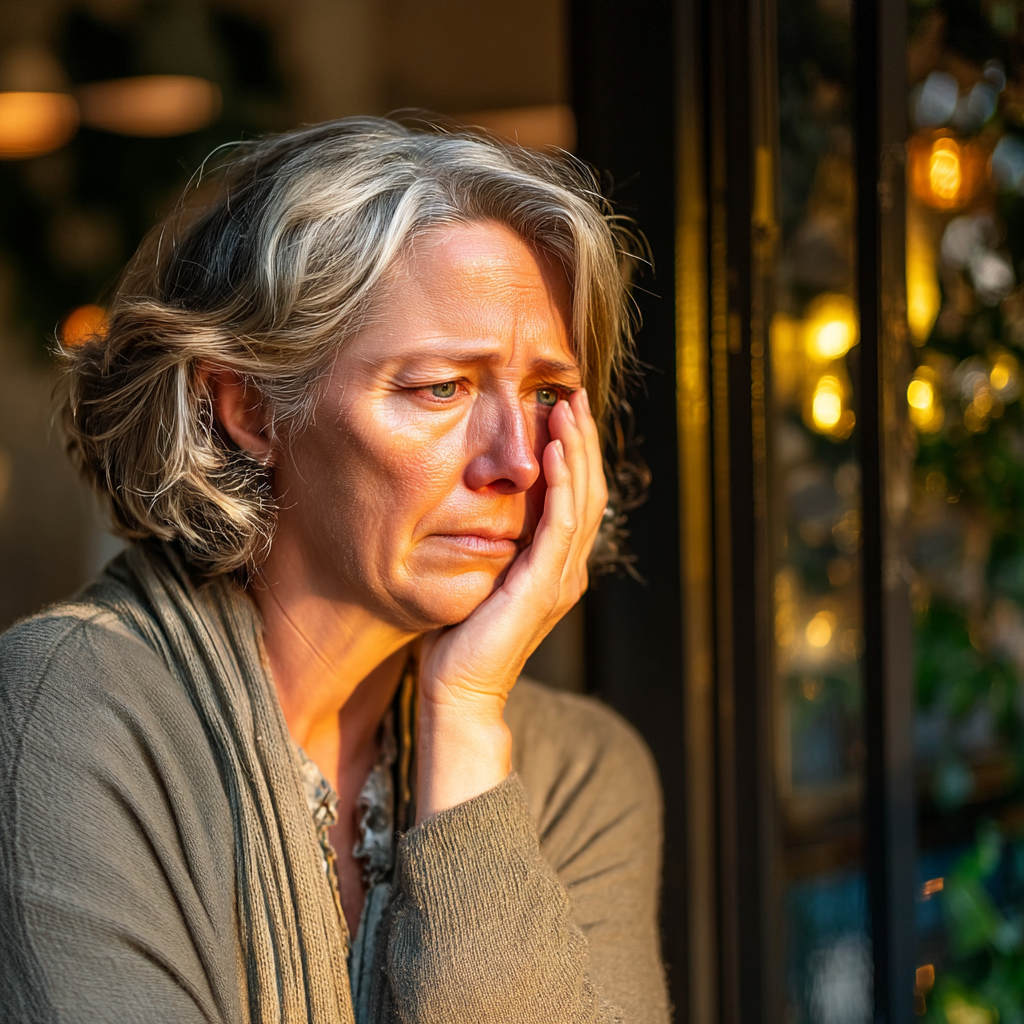 Primer plano de una mujer de mediana edad llorando | Fuente: Midjourney