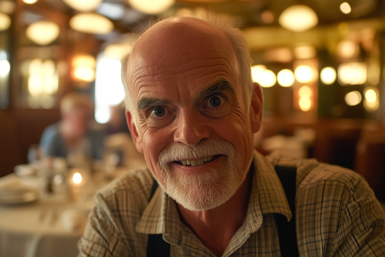 Un hombre mayor en un restaurante, sonriendo | Fuente: Midjourney