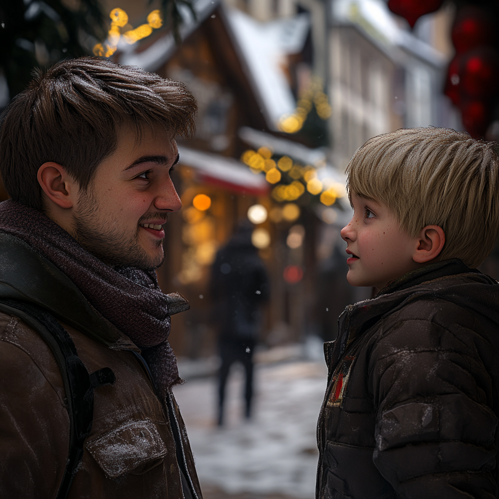 Un hombre hablando con un niño en una feria de Navidad | Fuente: Midjourney