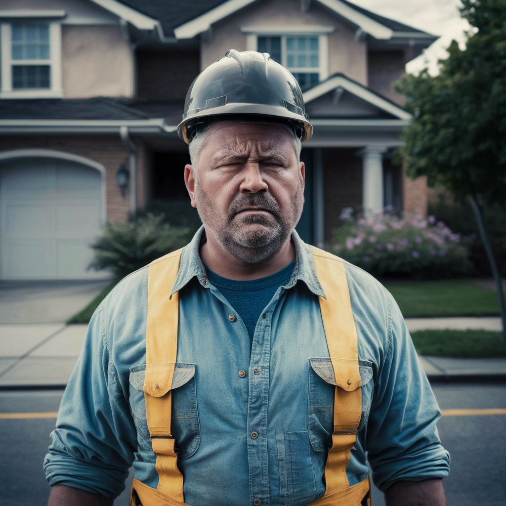 Un hombre en traje de construcción con el ceño fruncido | Fuente: Midjourney