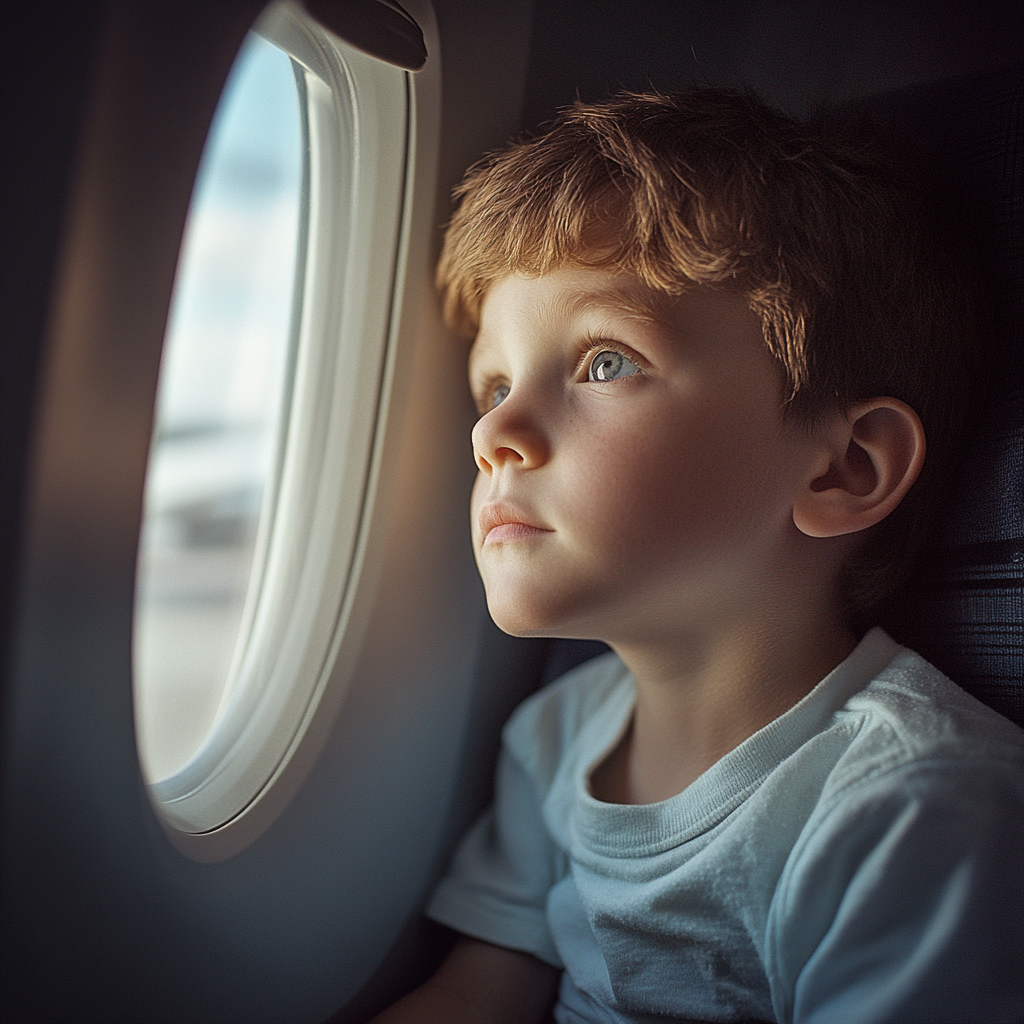 Un niño mirando por la ventanilla de un avión | Fuente: Midjourney