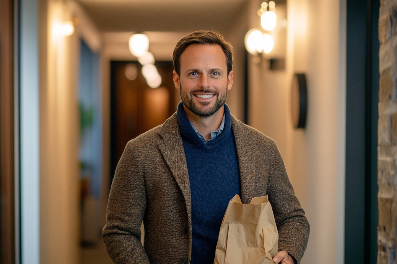 Un hombre con una bolsa de comida para llevar | Fuente: Midjourney