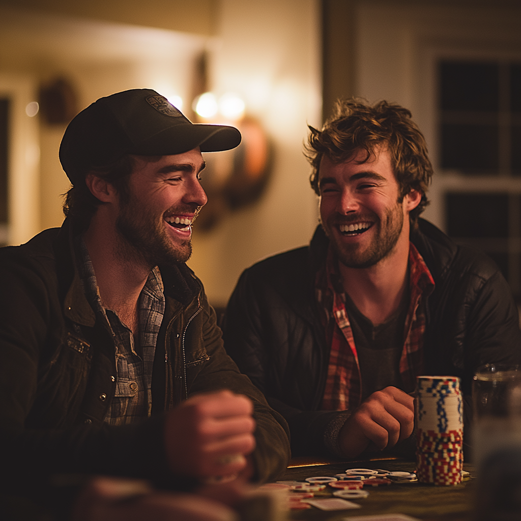 Dos hombres riendo en casa tras una partida de póquer | Fuente: Midjourney