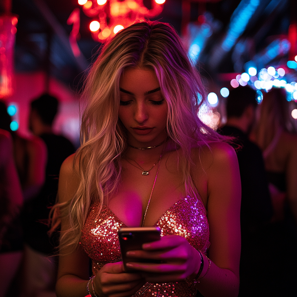 Una hermosa mujer en una fiesta hojeando su teléfono | Fuente: Midjourney