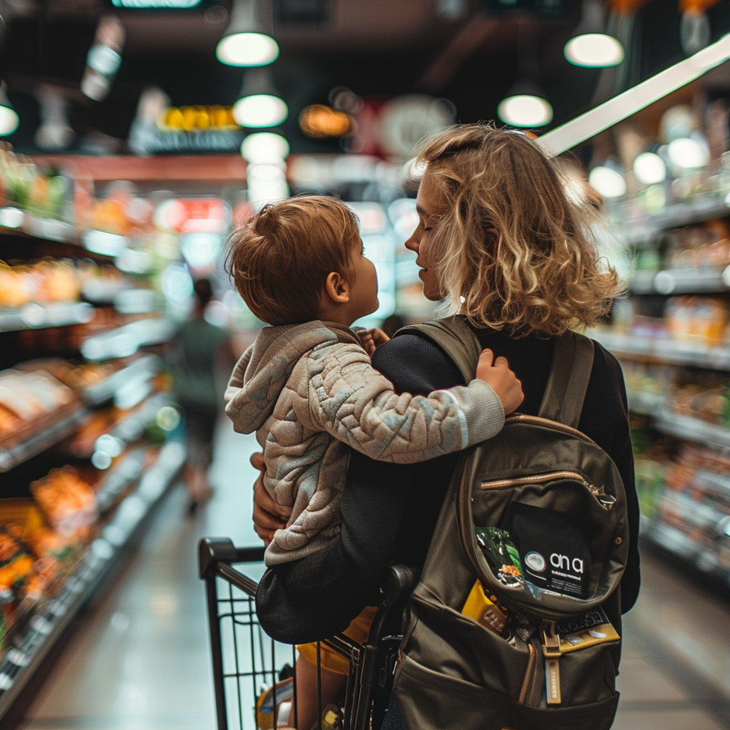 La madre de William le lleva en brazos mientras hace la compra en un supermercado | Fuente: Midjourney