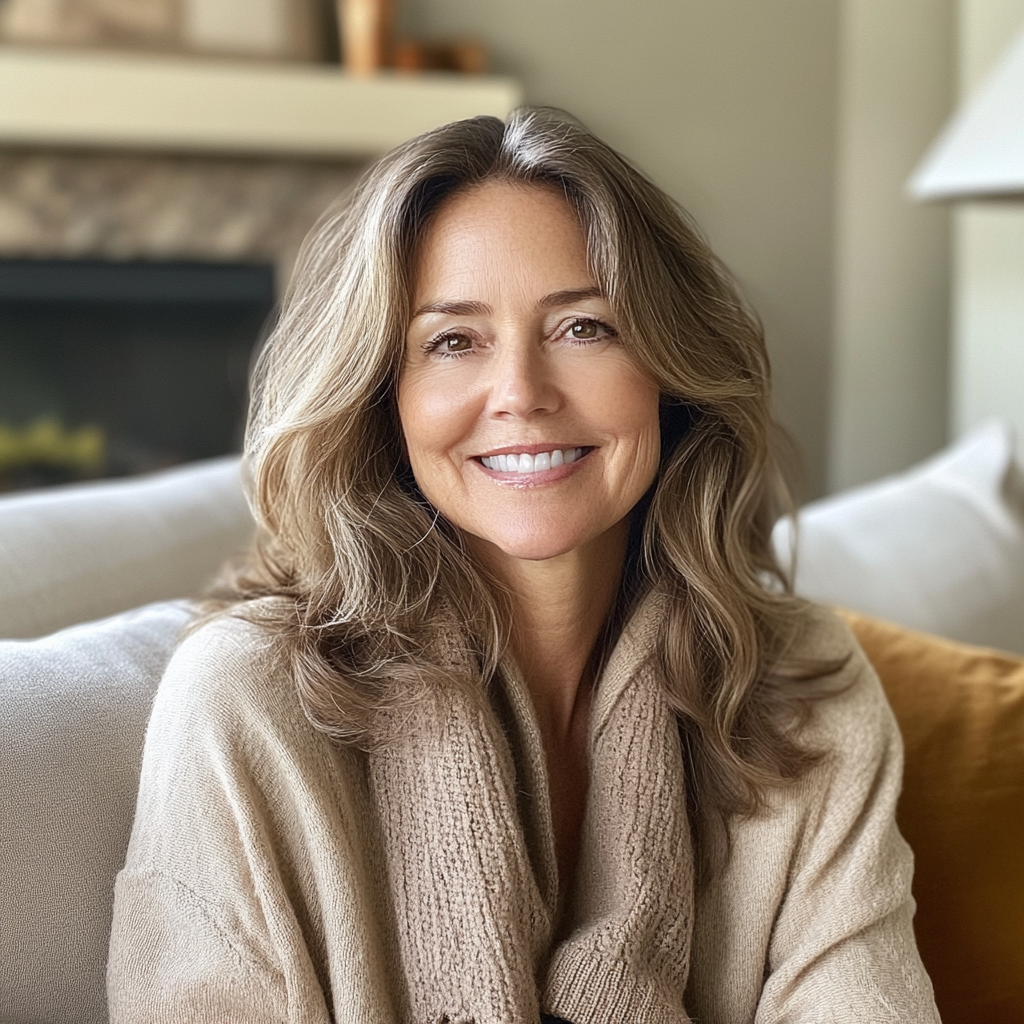 Una mujer sonriente sentada en un sofá | Fuente: Midjourney