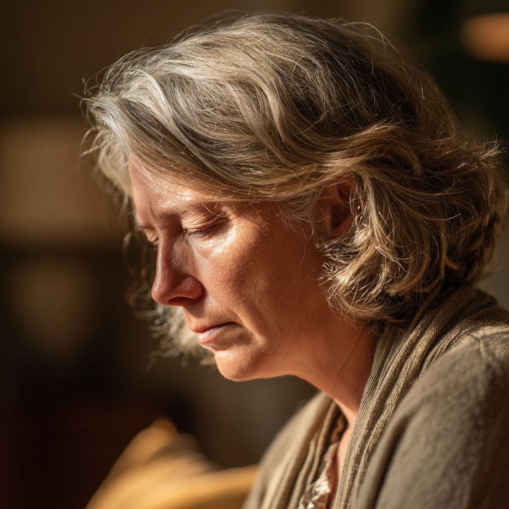 Una mujer triste de mediana edad | Fuente: Midjourney