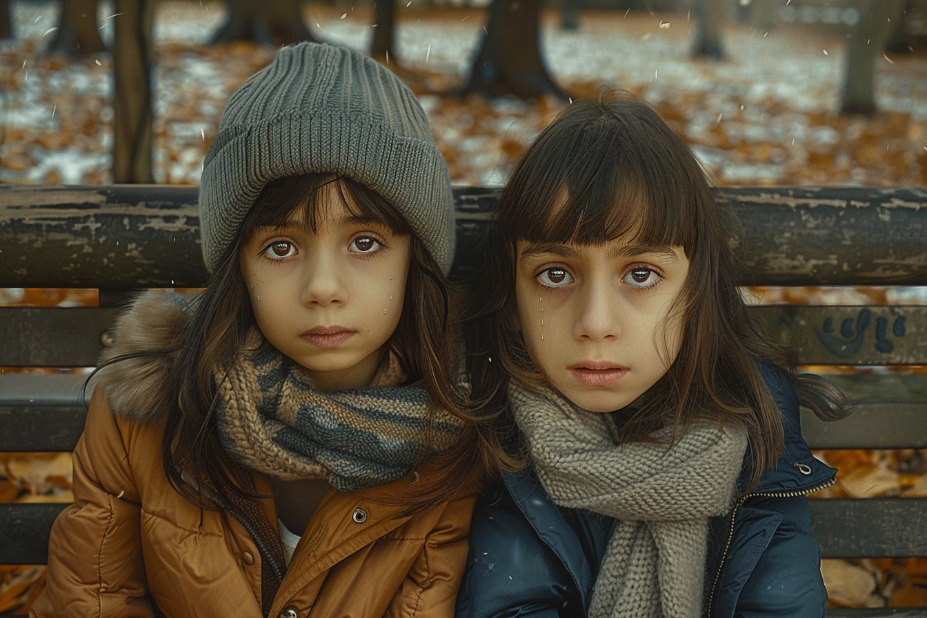 Dos chicas tristes sentadas en un banco del parque | Fuente: Midjourney