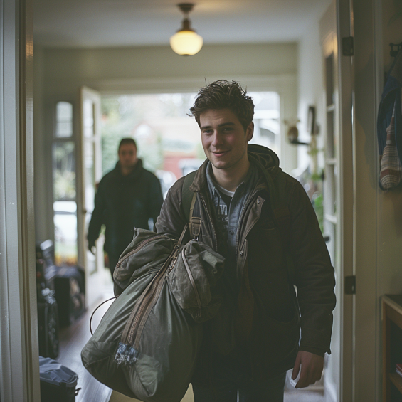 Un hombre feliz llevando una bolsa de viaje mientras su amigo le sigue | Fuente: Midjourney