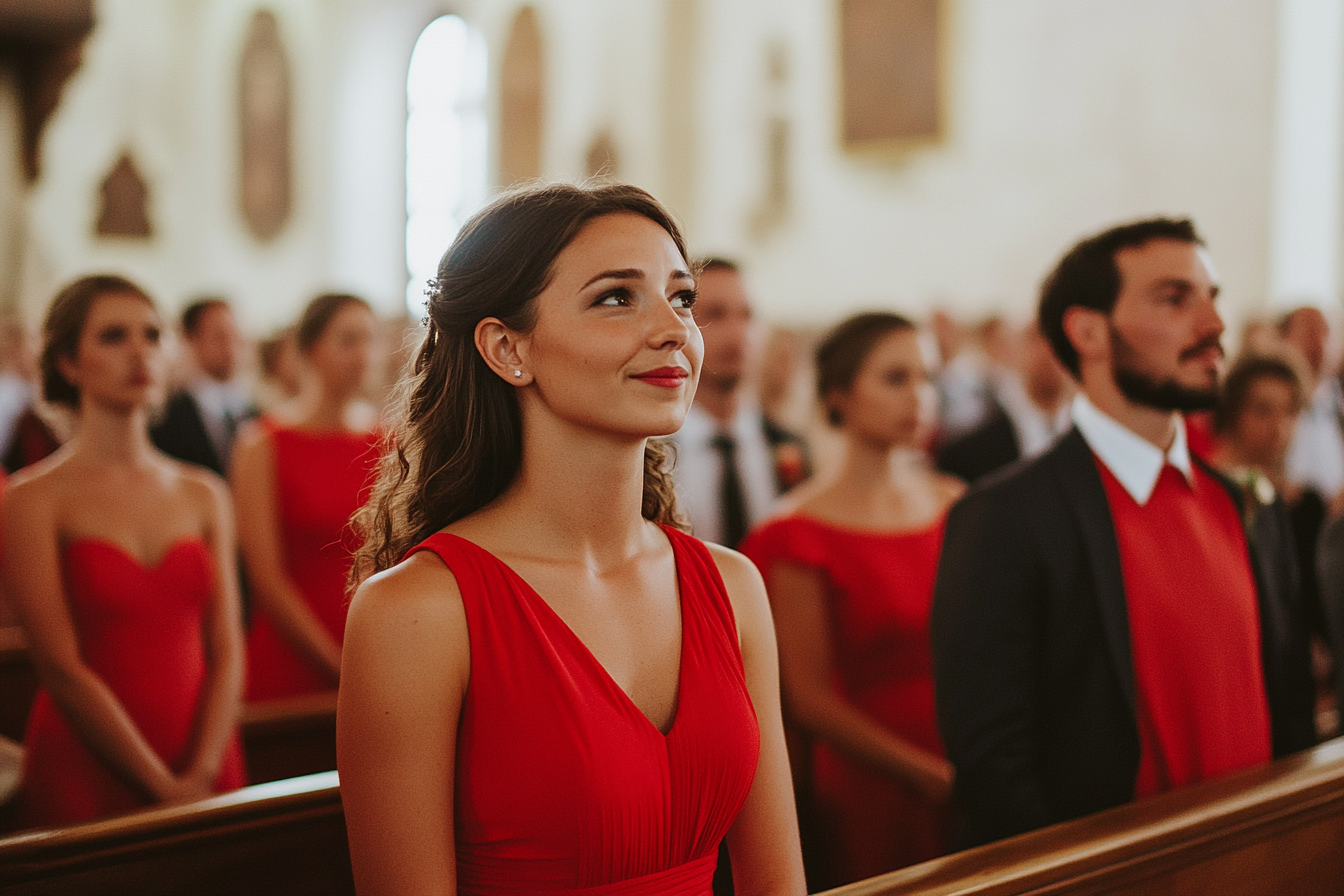 Invitados a la boda vestidos de rojo | Fuente: Midjourney