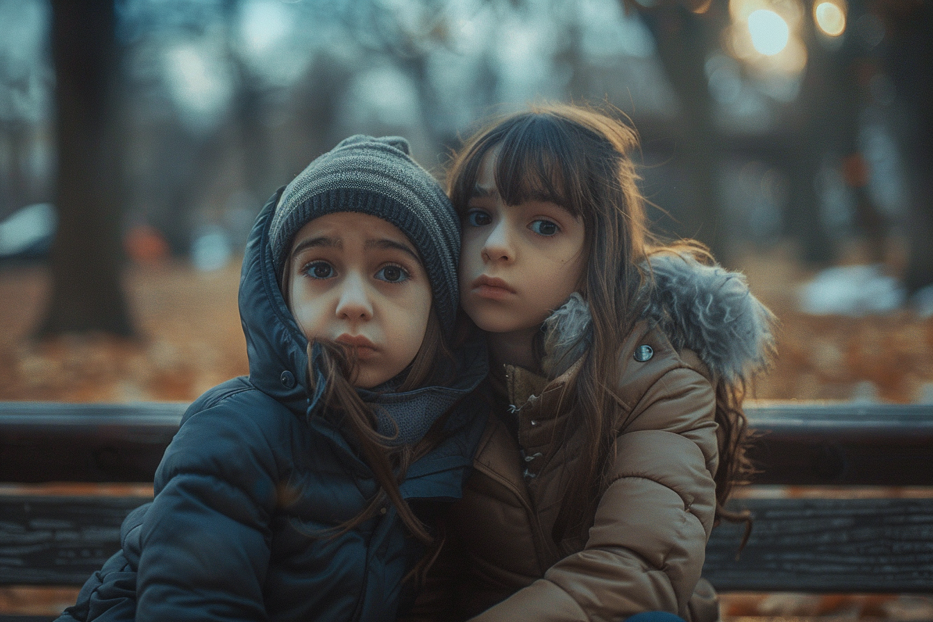 Dos chicas tristes sentadas en un banco del parque | Fuente: Midjourney