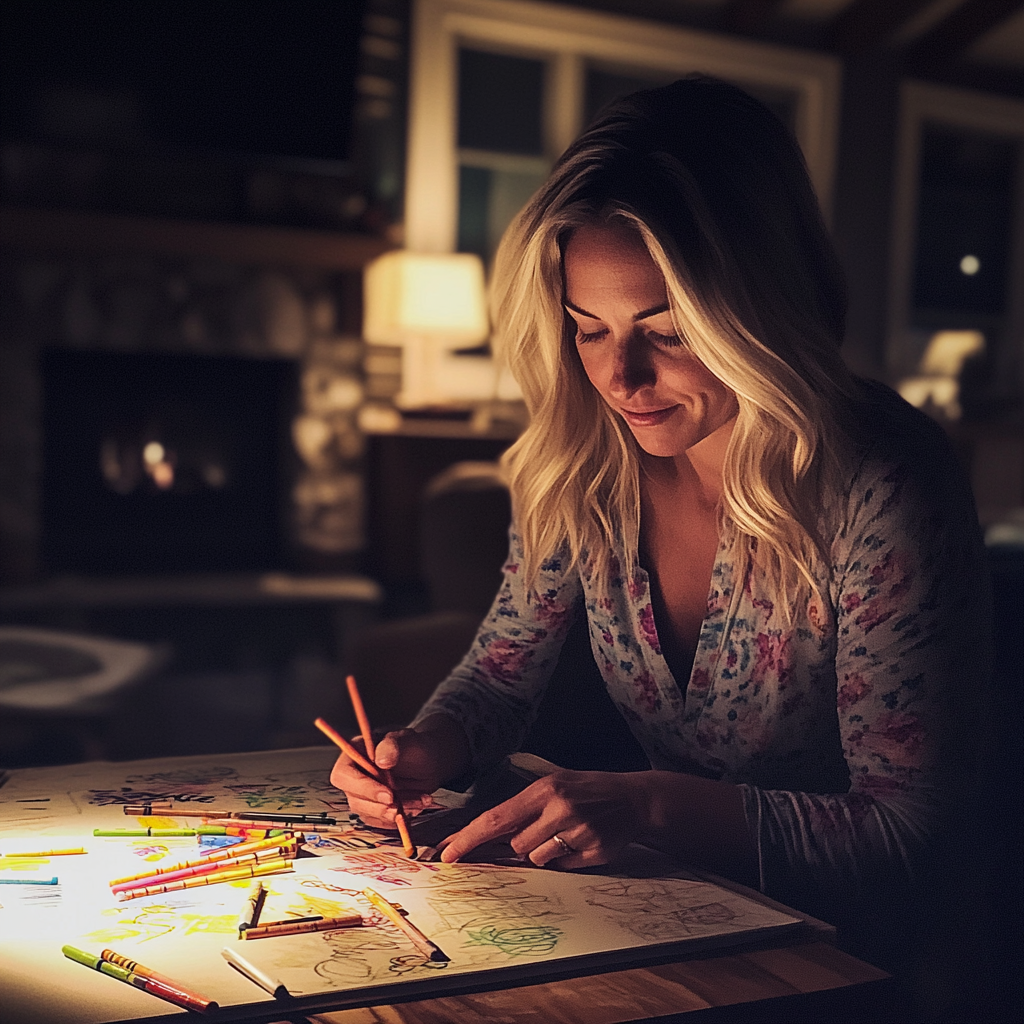 Una mujer recogiendo lápices de colores | Fuente: Midjourney