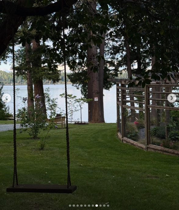 Un sencillo columpio de madera cuelga de la rama de un árbol con vistas a las tranquilas orillas arboladas de la isla de Vancouver, en Arcady. Al fondo, las altas coníferas costeras enmarcan el agua resplandeciente junto a la valla del jardín, diseñada para proteger los parterres de Pamela, captando la serenidad sin prisas de su refugio junto al mar. Acompañó la imagen con el siguiente pie de foto: "Pienso en la vida como un jardín… Puedes replantar, empezar de nuevo y hacerla tuya. 🤍 Con cariño, P". | Fuente: Instagram/pamelaanderson