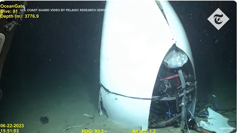 Los restos del submarino Titán OceanGate descubiertos en el lecho marino en nuevas imágenes, de un vídeo de YouTube, fechado el 18 de septiembre de 2024 | Fuente: Youtube/@telegraph