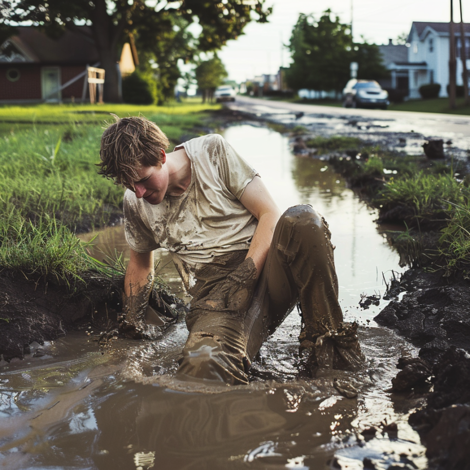 Un joven cae en un charco de agua turbia | Fuente: Midjourney