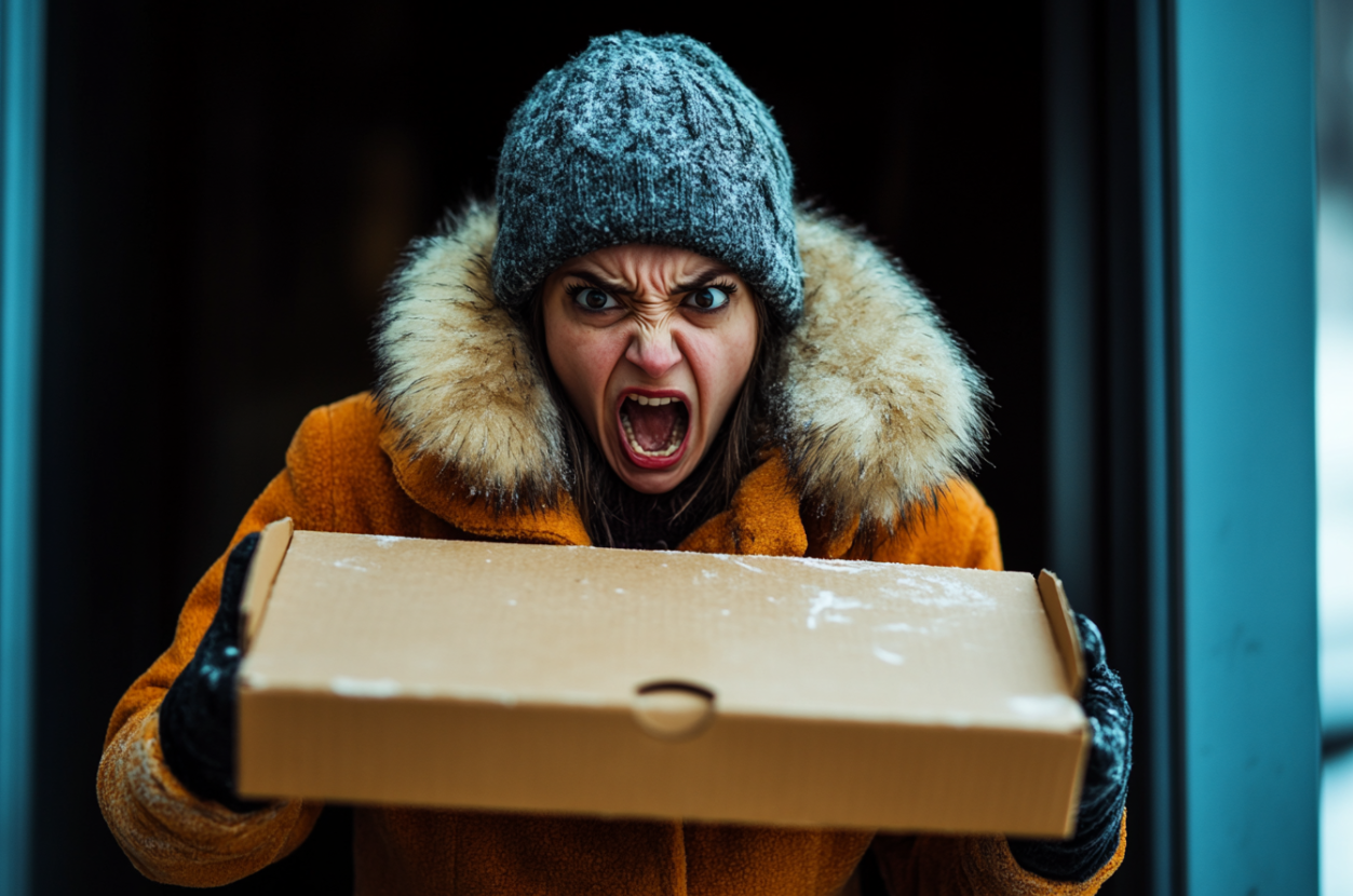 Una mujer enfadada sujetando una caja de pizza | Fuente: Midjourney