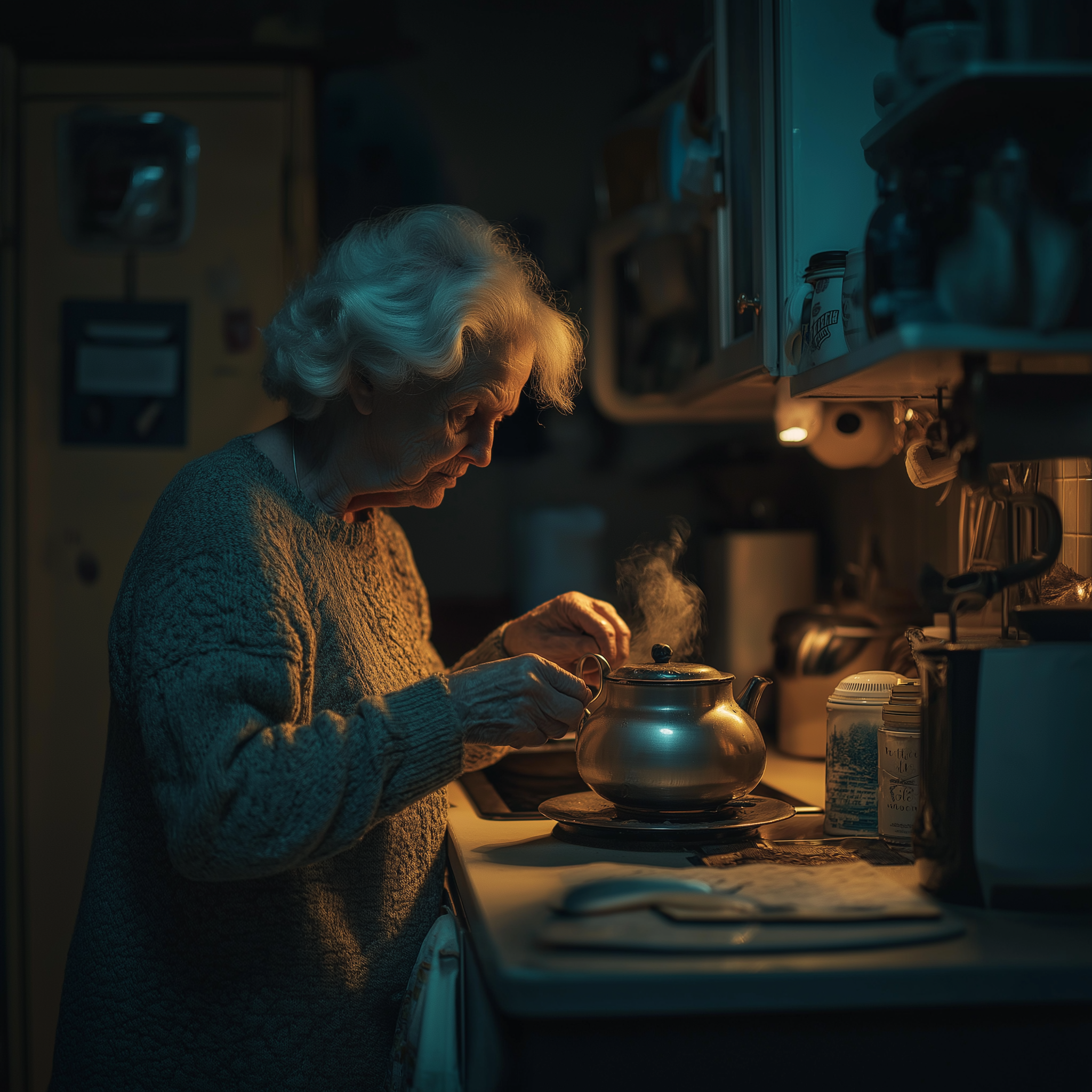 Una anciana preparando té en su cocina por la noche | Fuente: Midjourney