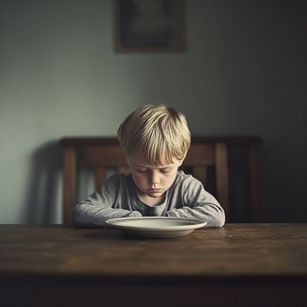 Un niño abatido sentado a la mesa del comedor | Fuente: Midjourney