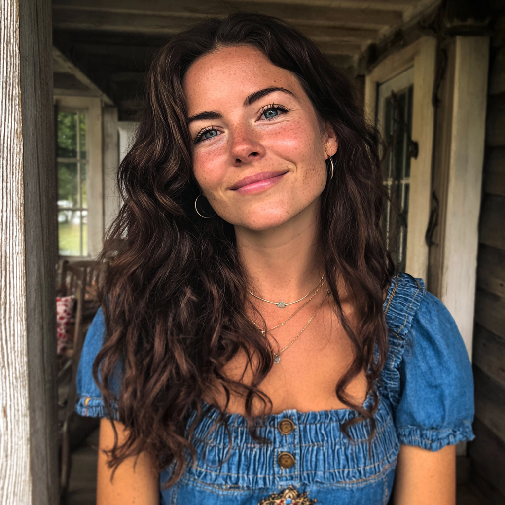 Una donna sorridente in piedi su un portico | Fonte: Midjourney