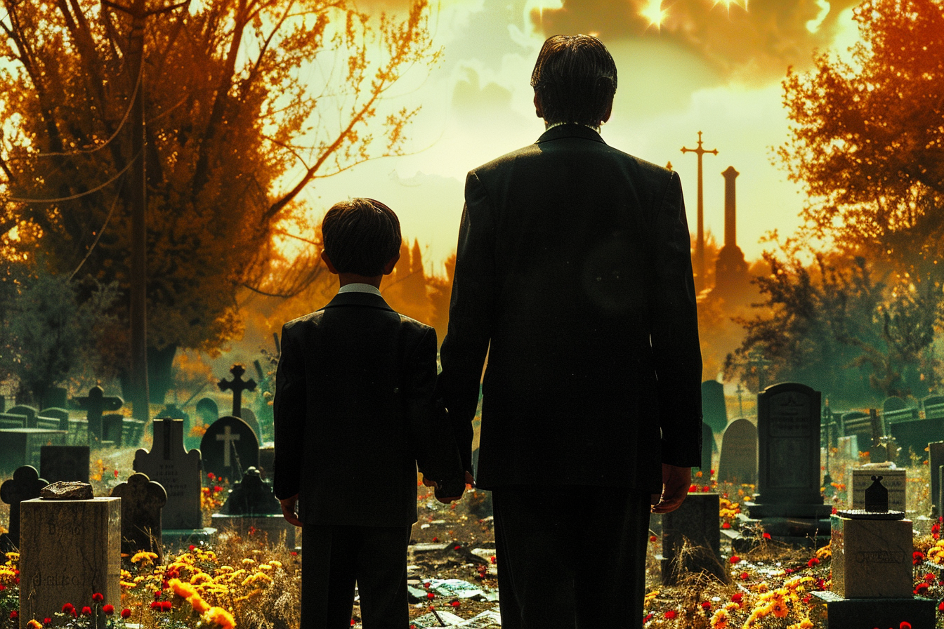 Un hombre y su hijo en un cementerio | Fuente: Midjourney