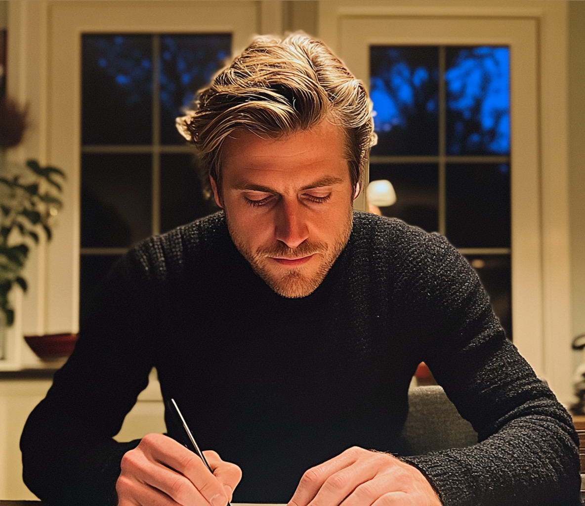 Un hombre sentado en una mesa y escribiendo una nota | Fuente: Midjourney