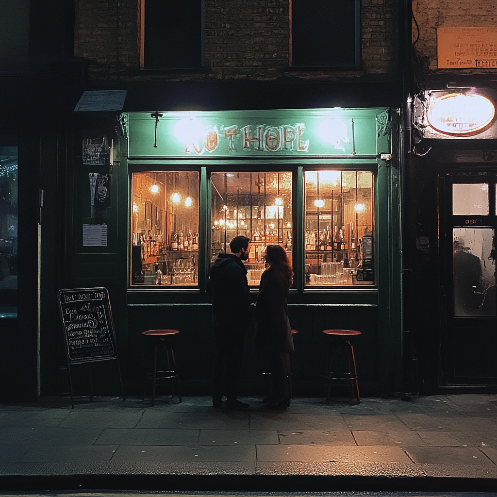 Una pareja en la puerta de un bar | Fuente: Midjourney