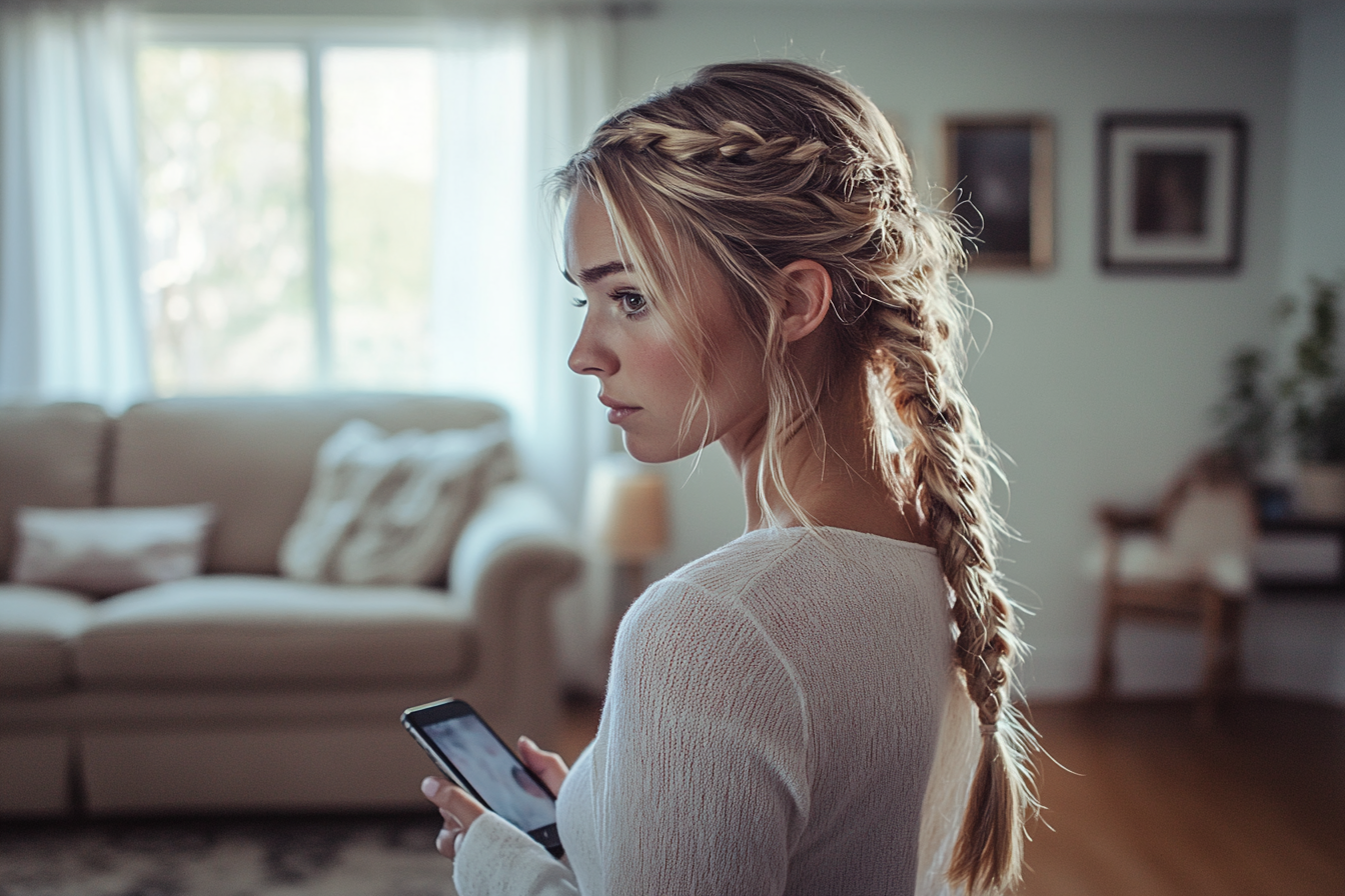 Mujer de unos 30 años paseando por un salón y sosteniendo un teléfono | Fuente: Midjourney