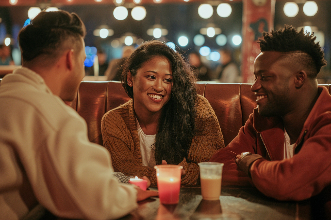 Amigos hablando en un restaurante | Fuente: Midjourney