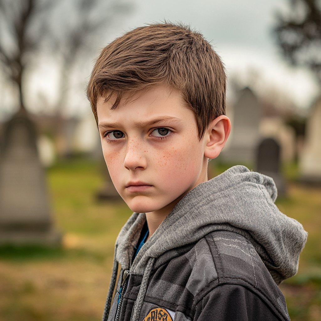 Un niño con el ceño fruncido en un cementerio | Fuente: Midjourney