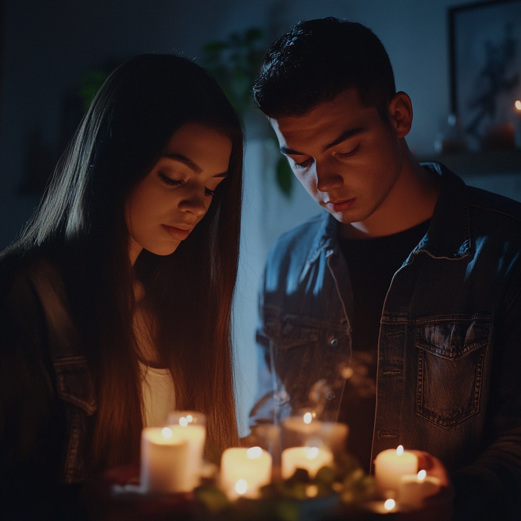 Pareja asustada mirando una foto rodeada de velas | Fuente: Midjourney