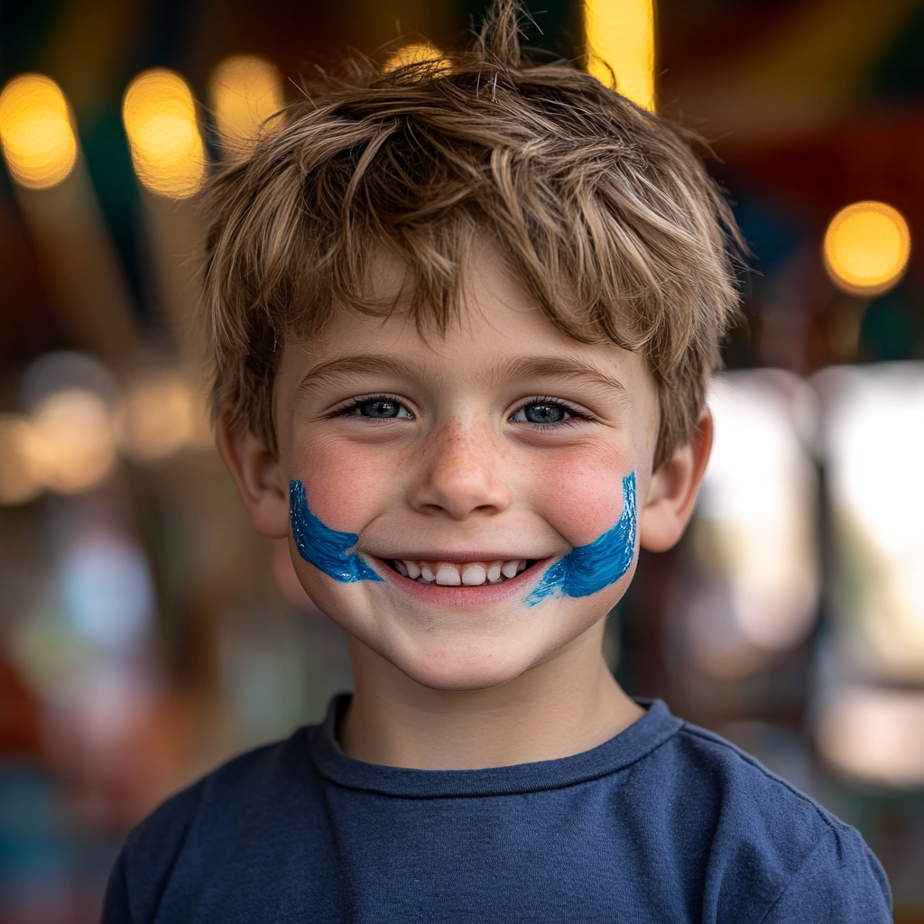 Un niño feliz con pintura azul en las mejillas | Fuente: Midjourney