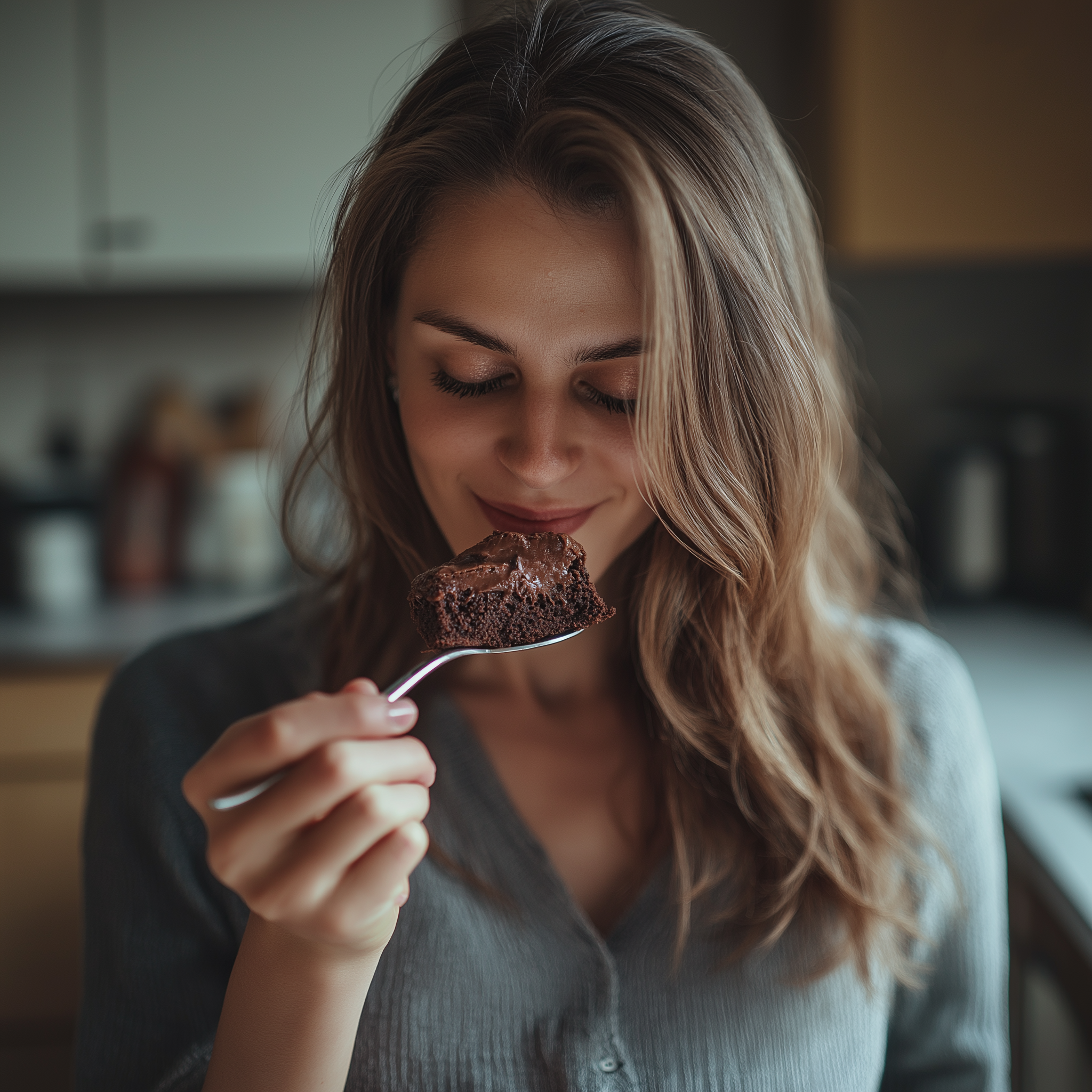 Una mujer a punto de comer una cucharada de brownie de chocolate | Fuente: Midjourney