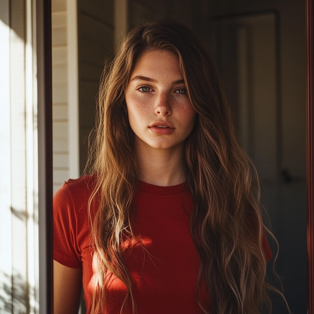 Una mujer con una camiseta roja de pie en un portal | Fuente: Midjourney