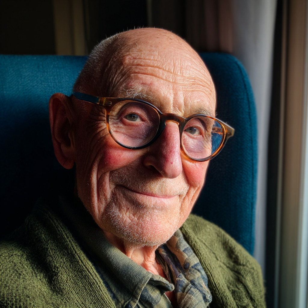 Un anciano sonriente sentado en un sillón azul | Fuente: Midjourney
