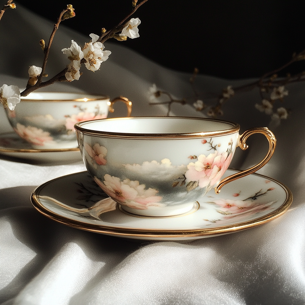Una taza de té con borde dorado | Fuente: Midjourney