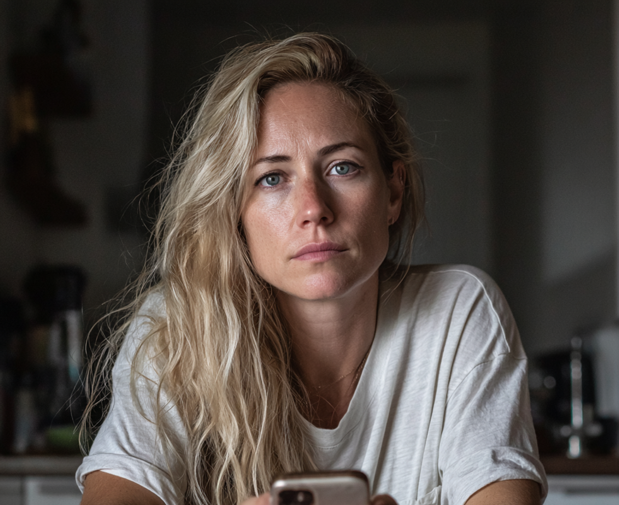 Una donna seduta a un tavolo che usa il suo telefono | Fonte: Midjourney